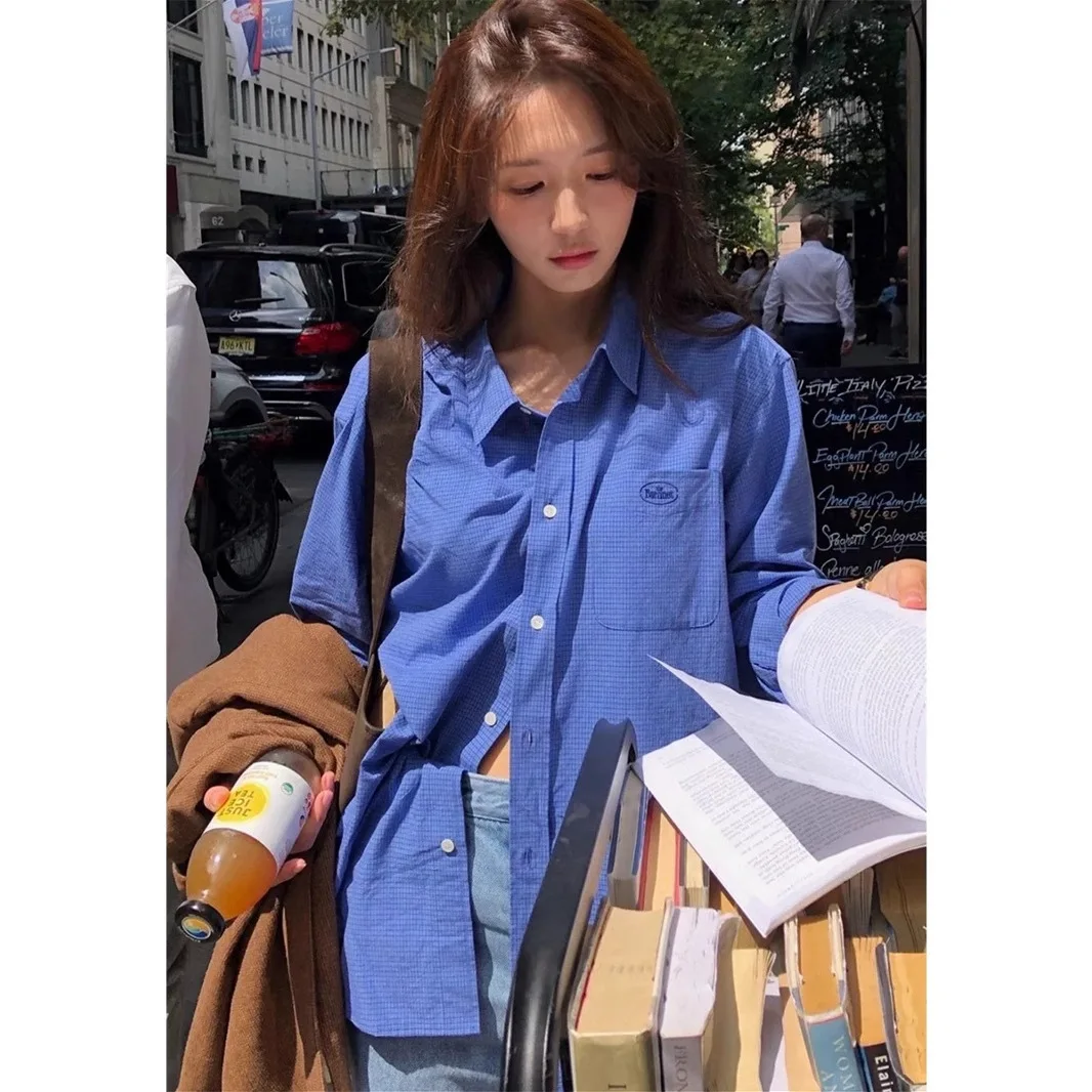 

Thebarnnet Korea Loose-Fit Versatile Casual Small Check Long-Sleeve Shirt Blue Blouse for Women