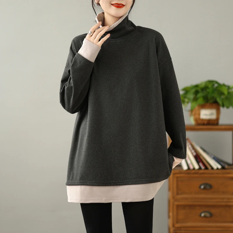 Laid-ba contrasterende kleur Blo hoge kraag sweatshirt grote maten Faionable halflange basis irt trendy top voor dames