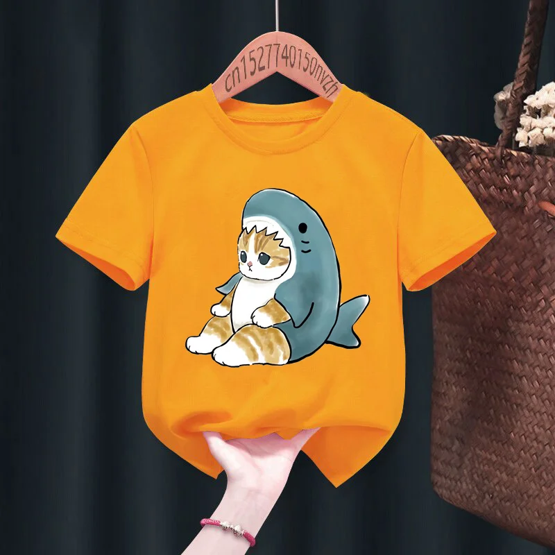 Nette Shark Katze Druck Rot Kind T-shirts Kinder Baby Schwarz Harajuku Kawaii Kleidung Junge Mädchen Tops Geschenk Präsentieren, drop Schiff