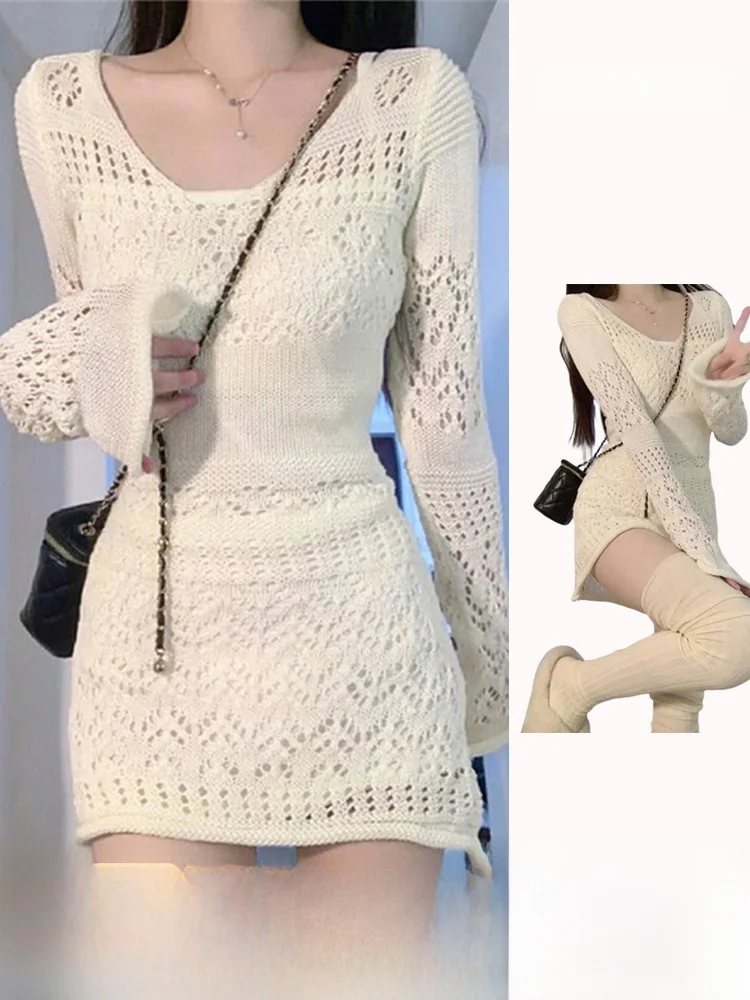 White Knitted Hollow out Long Sve Dr Women's Early Spring Faion 2024 Sexy Girl Bodycon Skirt Teenage Girl Outfit