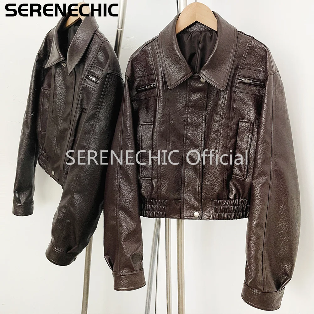 SERENECHIC Textured PU Aviator Coat with Elastic Hem Women's Black Cropped Faux Leather Jacket New Vintage Outerwear Female