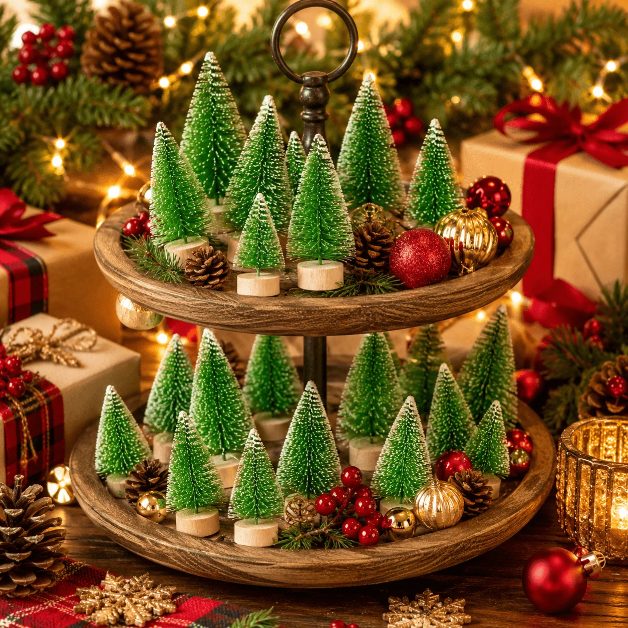 50 Stück Mini-Weihnachtsbäume, schneebedeckte Flaschenbürsten-Kiefern mit Holzsockel, DIY-Dorndekoration – Detail 5