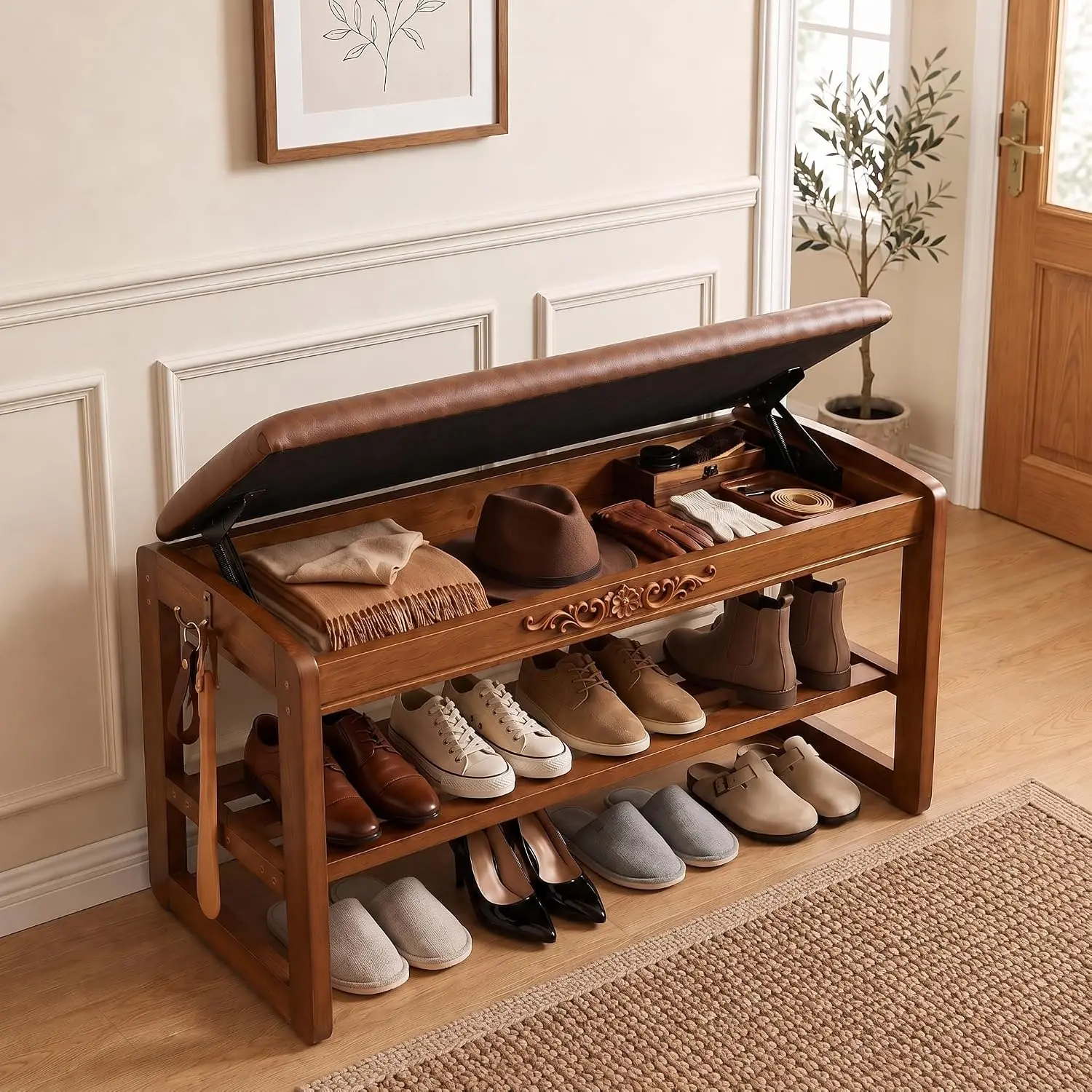 Solid Wood Shoe Rack Bench With Flip Top Hidden Storage, Entryway Footwear Organizer Holder, Padded Leather Seating Furniture Display Rack For Hallway Living Room, Rustic Style, Walnut, One Piece