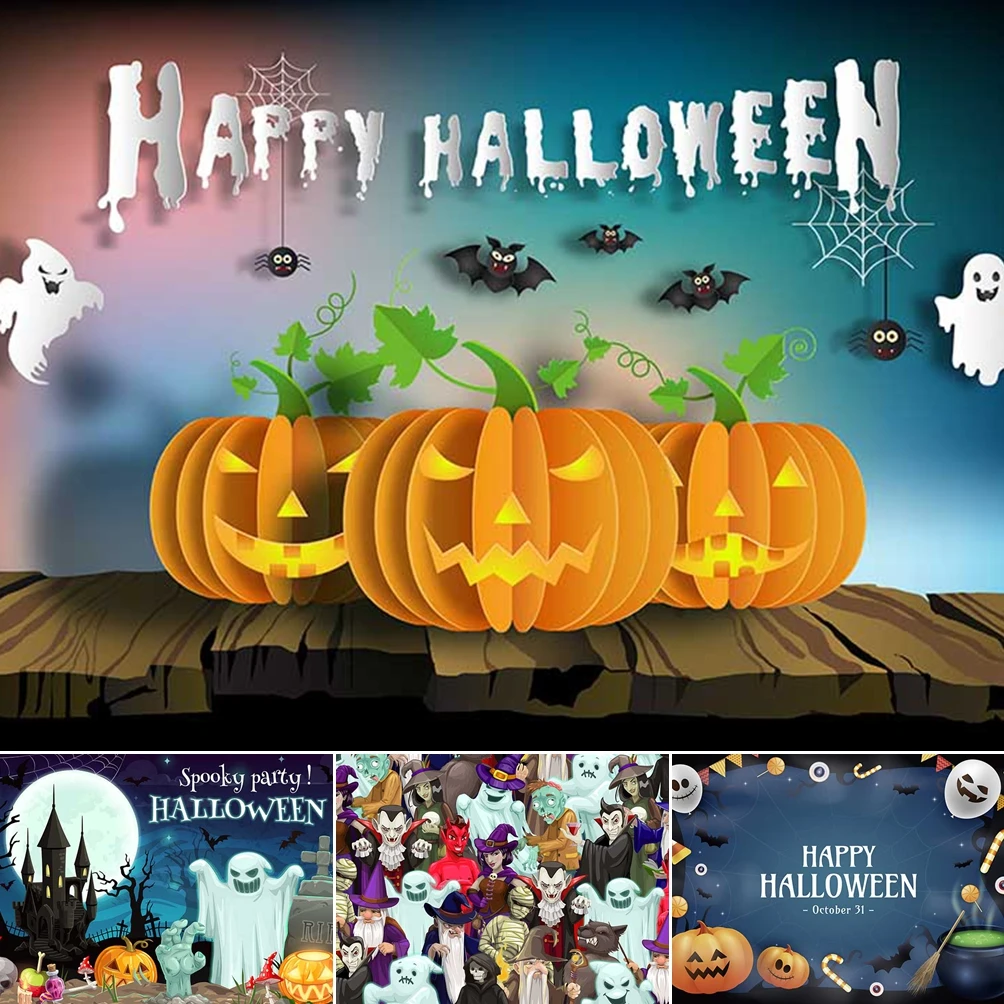 

MOON.QG Pumpkin Halloween Photo Background Grim Reaper Pumpkin Lanterns Bats Backdrop Photography Props Party Decorations