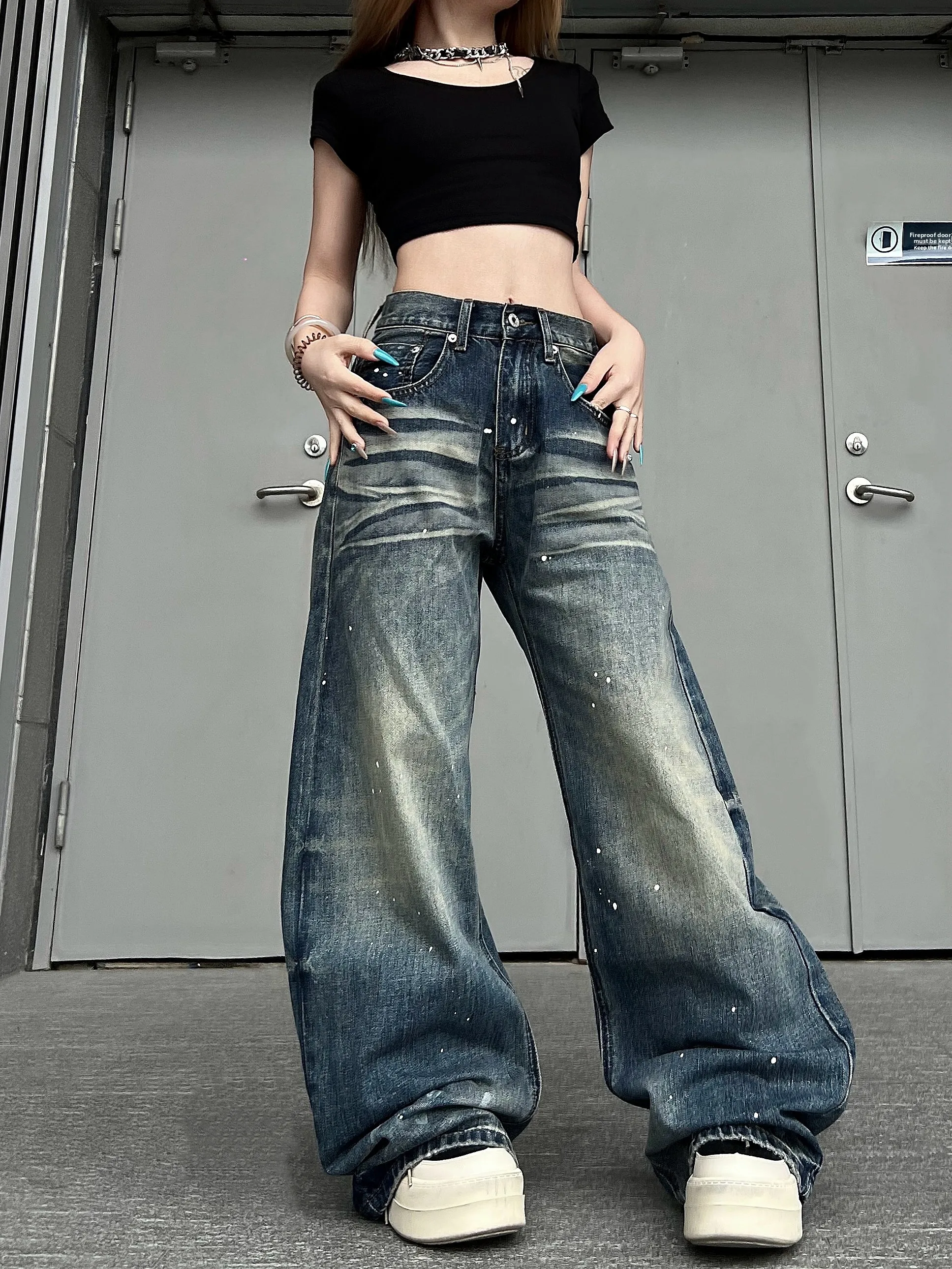 

American Retro Mustache Splaed Ink Waed Wide Leg Jeans Knife Pants Street Sle Water Waed Denim Long Trousers
