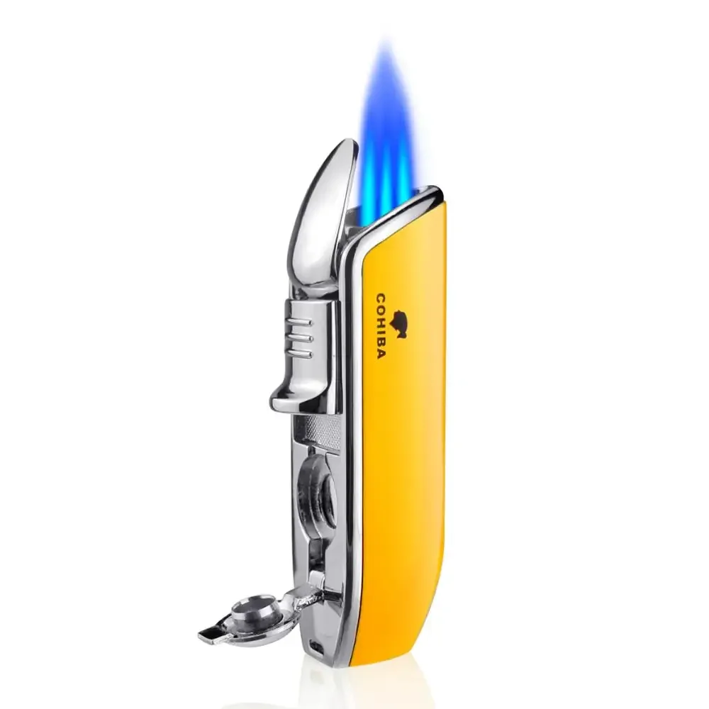 COHIBA-Windproof Mini Pocket Metal Cigar Lighter, 3 Jet Blue Flame Torch, Cigarette Lighters with Cigar Punch, No Gas, New