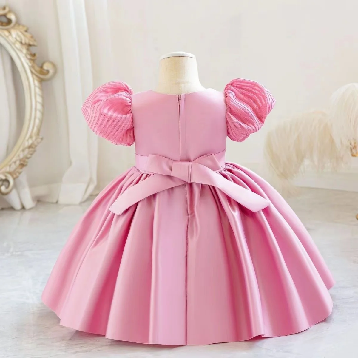 2024 New Children's Birthday Dress Children's Birthday Dress One Year Princess Dress Satin bBow Stripes 80-120CM