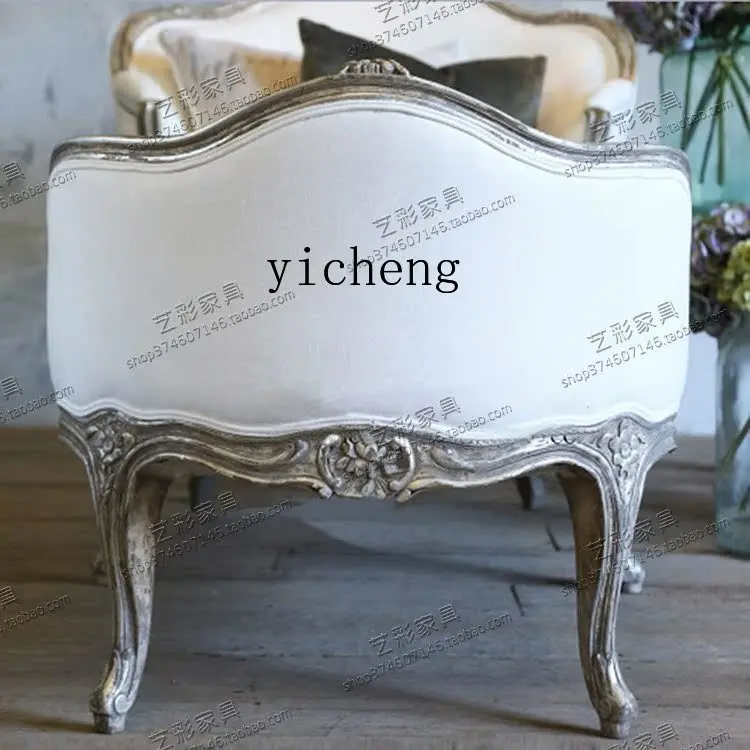 

Wood Carved Linen Chaise Longue Sofa Living Room Balcony Beauty Bed Sofa