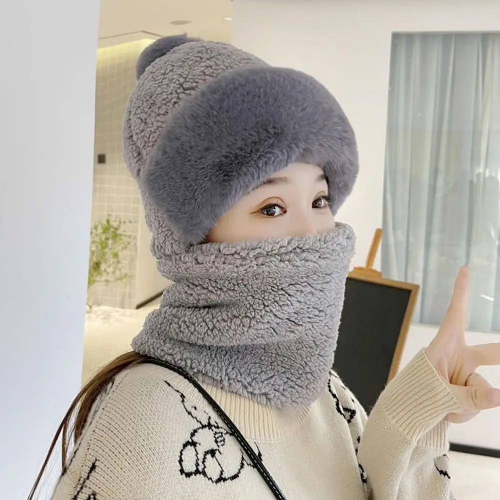 

Women Winter Hat With Integrated Scarf Thick Plush Warm Windproof Full Outdoor Cycling Travel Cold Weather Cap