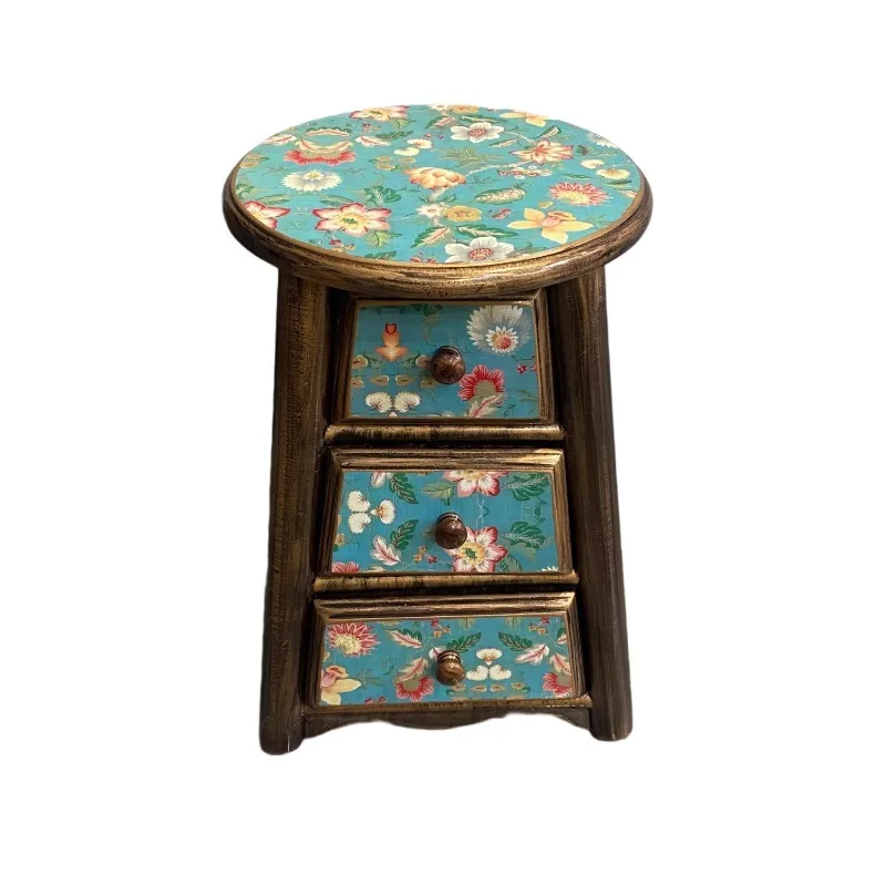 olid wood dressing stool, European pastoral stool, round stool with drawers, household stool, makeup stool new product