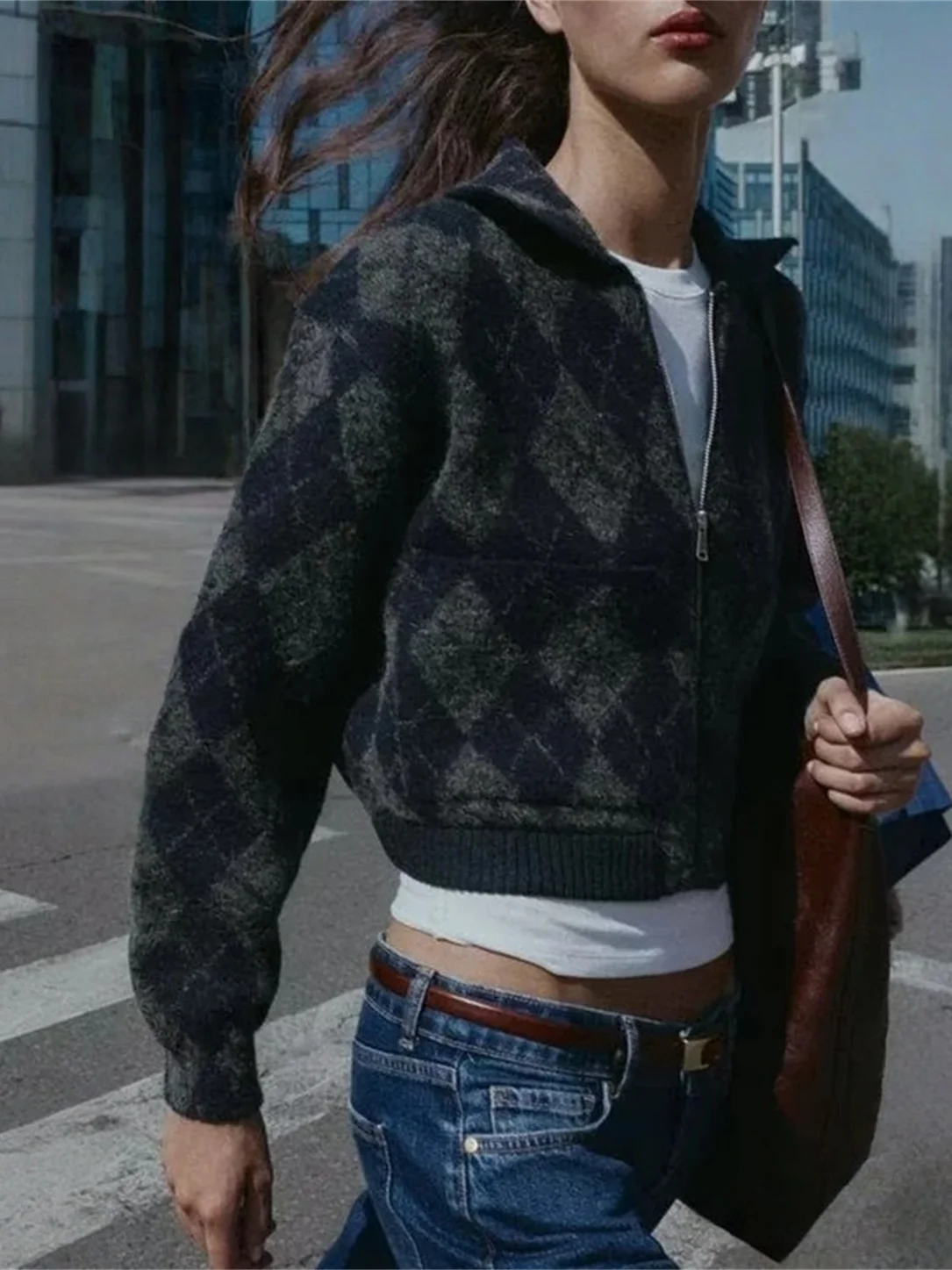 Faionable Commuter Diamond Pattern Zipper Knitted Pilot Jaet Oberbekleidung Neuankömmling Damen Herbst saisonales Produkt