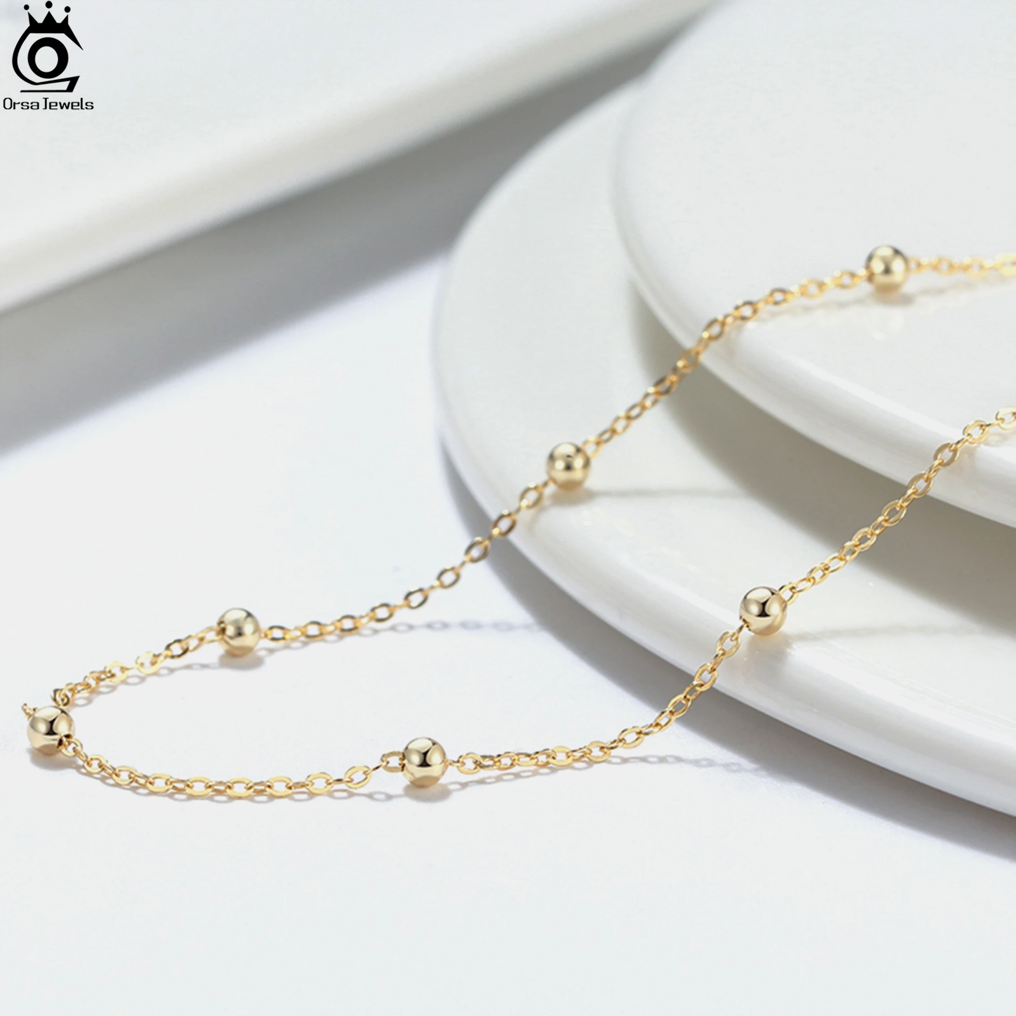 ORSA JEWELS Chic 925 Sterling Silver 1.0mm Cable Chain Neckalce With 2.0mm Ball Beads Strand Chain Minimalist Style Gift SC43