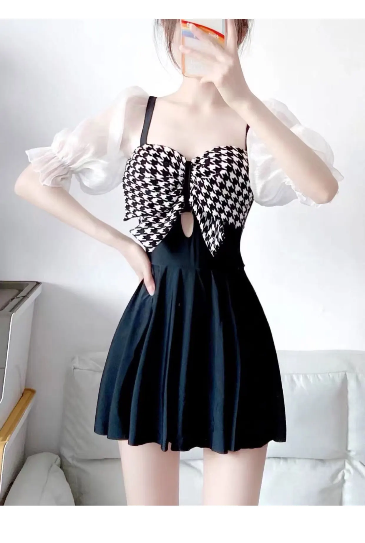 Traje de baño de una pieza con estampado de pata de gallo, traje de baño sexy, estilo coreano, con lazo, Manga corta abullonada, minivestido, culotte, bikini acolchado
