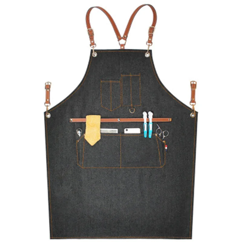 Korean version brown belt thick denim canvas apron, milk tea shop coffee shop restaurant working apron, can be customized logo