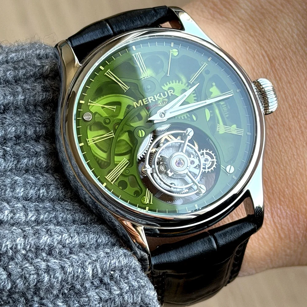 

Часы Merkur 100% Tourbillon с прозрачным корпусом, мужские часы с сапфировым стеклом, зеленые механические наручные часы для мужчин, Relogio Masculino