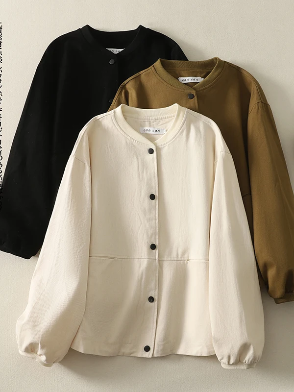 Women's Baseball Jacket Short Loose Slimming Spring Autumn Cotton Stand Collar Double Pocket Outerwear Jacket Casual Shirt