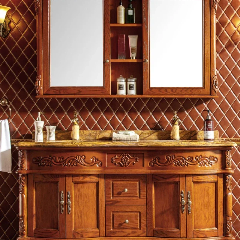 

Double Basin Bathroom Cabinet Red Oak Carved Washbasin Cabinet Floor-to-ceiling Washbasin Combination Mirror Cabinet