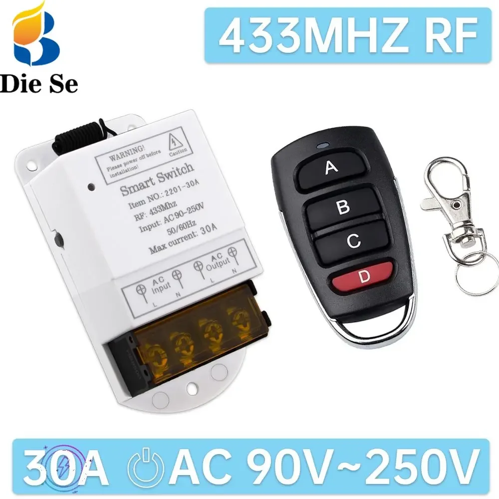 433Mhz RF Wireless Remote Control Swtich AC 110V 220V 30A High Power Relay Receiver and 4 Button Transmitter,for Pump Light Fan