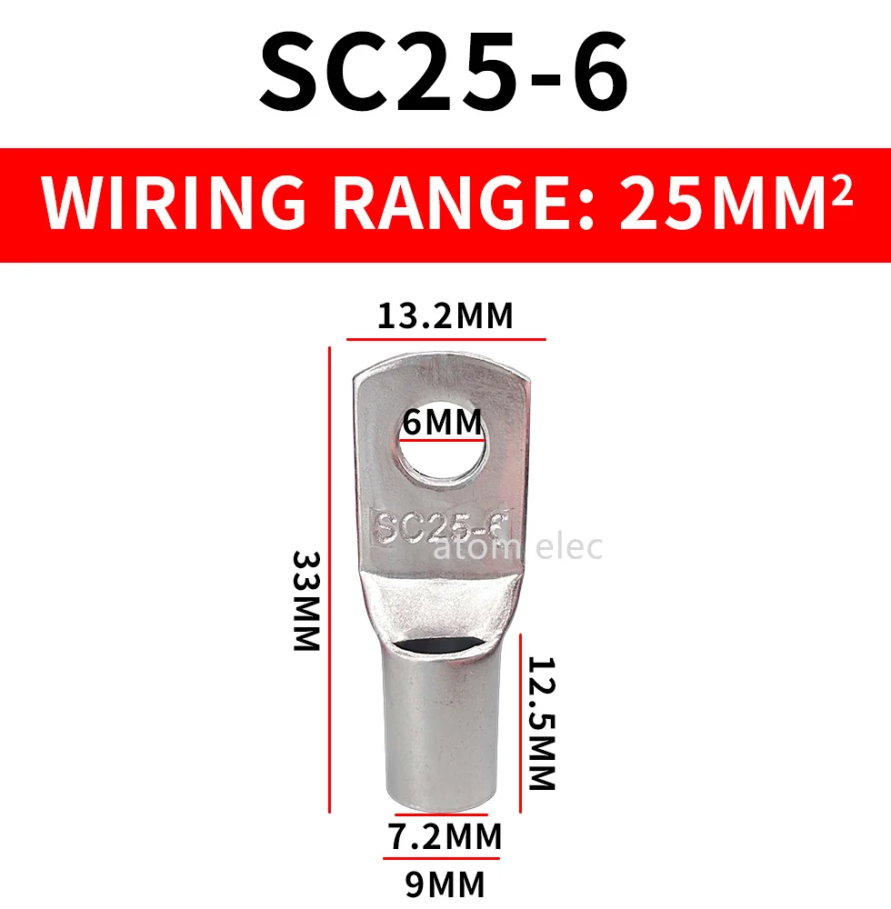 SC25-6 25-8 25-10 70-8 70-10 50-8 50-10 Series Bolt Hole Tinned Copper Cable Lug Battery Terminal Group Terminal Connector