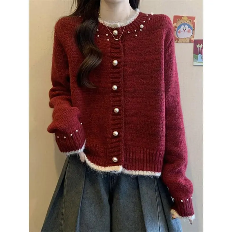 الملابس النسائية النسخة الكورية اللون منعت سترة سترة للنساء ربيع الخريف الحلو مطرز الزينة محبوك