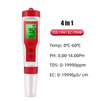 1 PCS 4-In-1 Digital Water Quality Tester PH/TDS/EC/Temperature Meter Red & White For Pools Aquariums Drinking Water