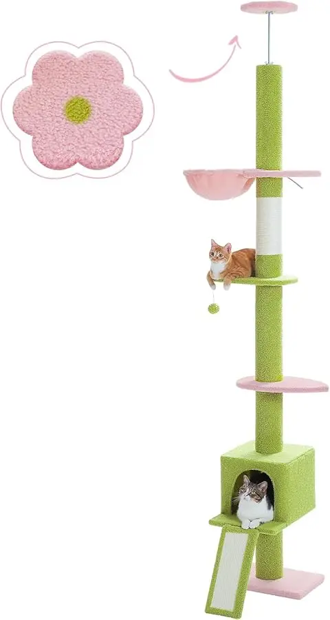 

PEQULTI Cat Tree Floor to Ceiling, Green Cat Tower, Adjustable Height (83''-108'') 5 Tiers Tall Climbing Tree for Indoor Cats wi