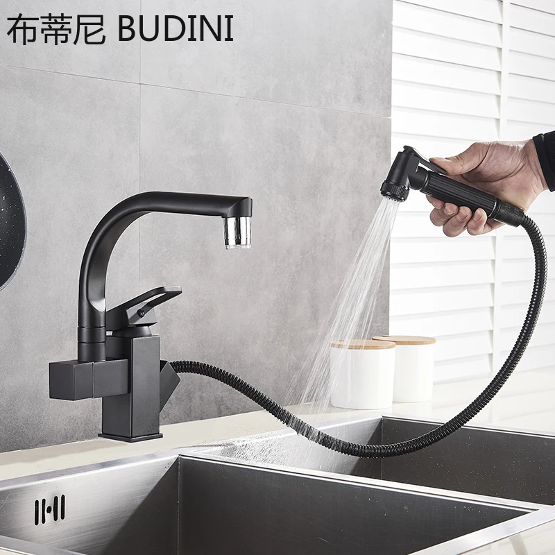 ก๊อกน้ำห้องครัว Matte สีดำดึง Bidet สเปรย์ร้อนเย็น Tap 360องศาหมุนอ่าง Crane เครื่องซักผ้าเครื่องล้างจาน