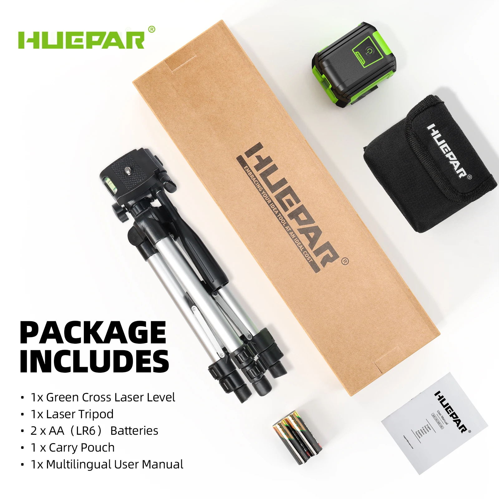 Imagem -06 - Huepar Nível Laser com Tripé 98 Pés Verde Autonivelante Linha Cruzada Laser Ferramenta Niveladora de Medição Precisa com Bolsa de Transporte