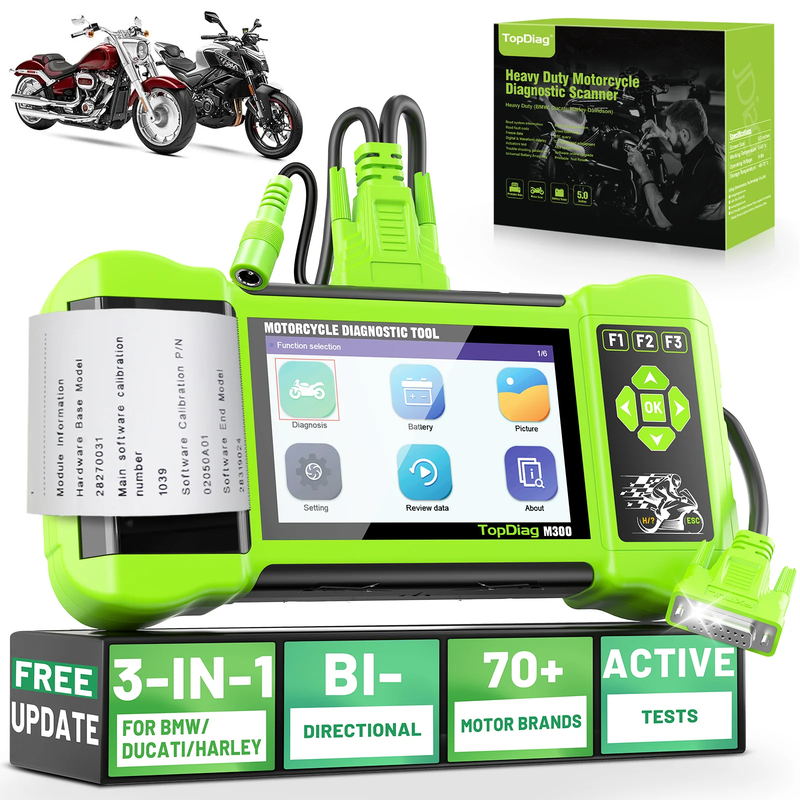 JDiag M300 Motorcycle Diagnostic Tool OBD2 Scanner Battery Tester For All System Diagnostic Read/Clear Fault Code Motorcycle Check Engine Code Reader