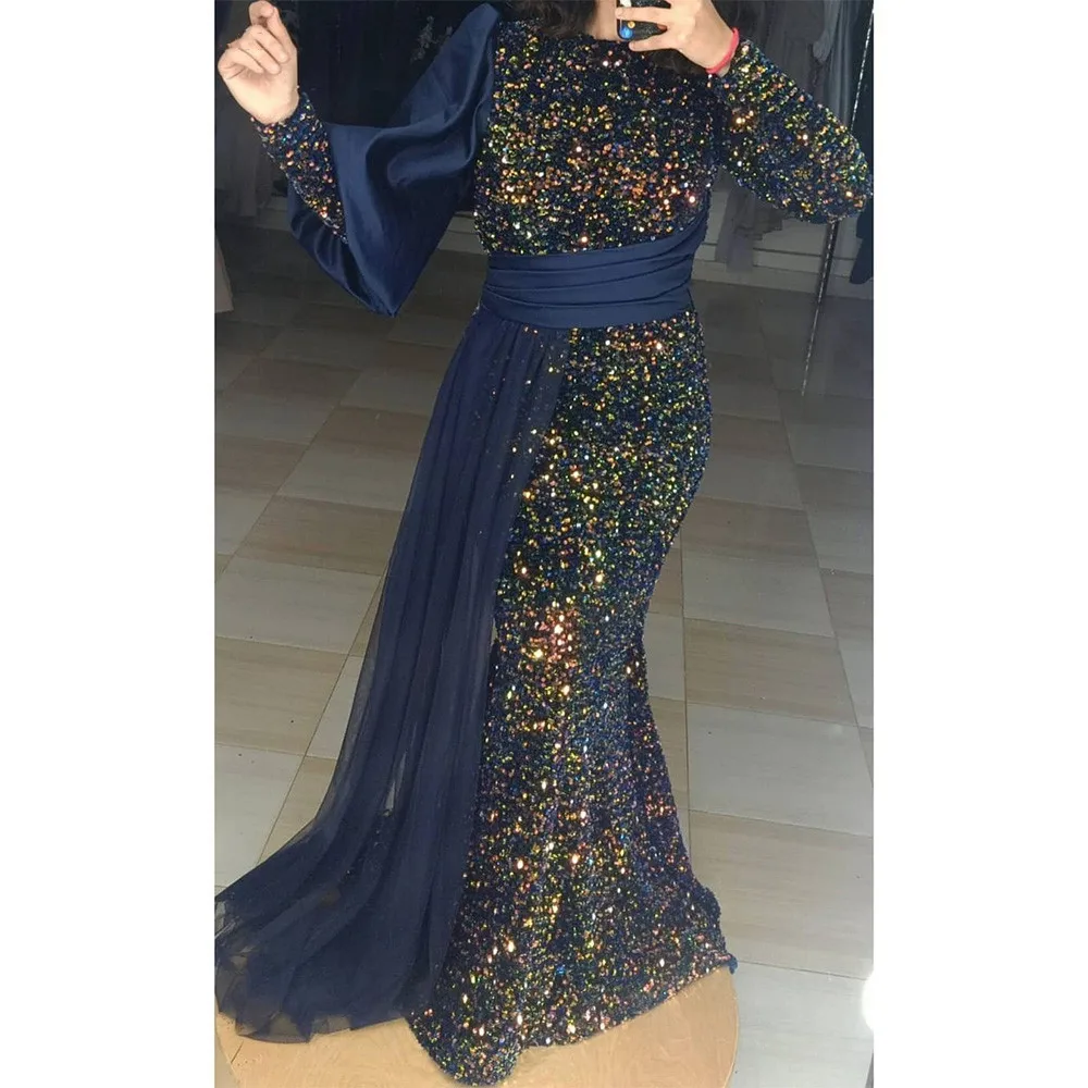 Muslim Mermaid Evening Dress For Women O Neck Long Sleeves Velour Sequins Elegant Prom Formal Robe De Soirée Femme Gowns Custom