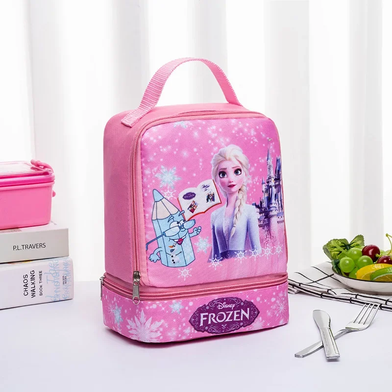 2024 Disney Cartoon Frozen 2 borsa da scuola per studenti carina borsa da pranzo a doppio strato borsa da pranzo portatile per bambini borsa da