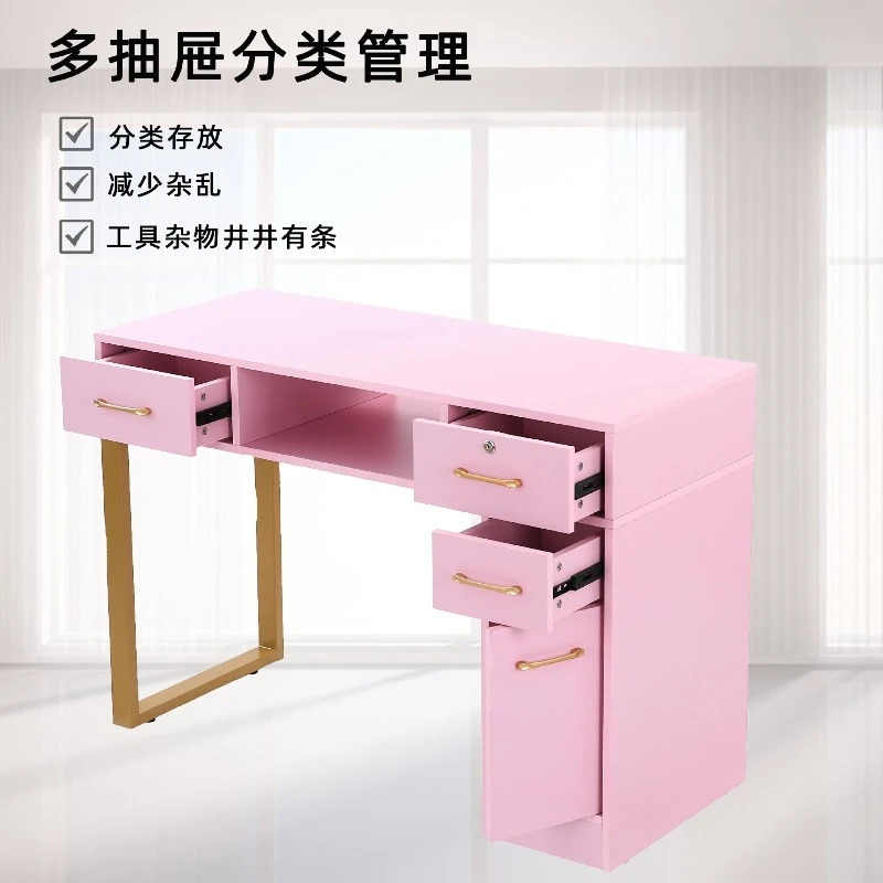 Pink Gold Plated Nail Table with Drawers High End Salon Nail Ins Style Double Layer Nail Table