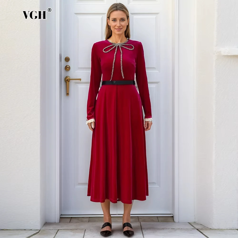 

VGH Elegant Patchwork Diamonds Solid Dresses For Women Round Neck Long Sleeve High Waist Spliced Belt Temperament Dress Female