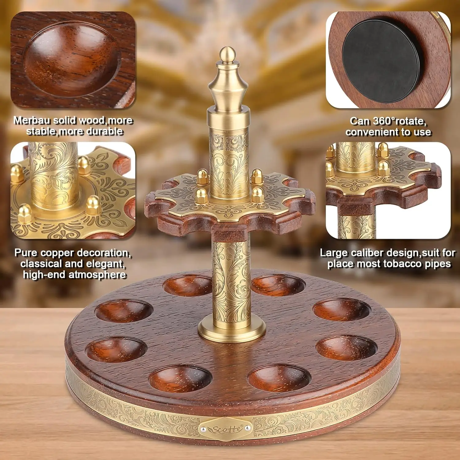 tobacco pipe rack Scotte Tobacco Pipe Stand Wooden 360 Degree Rotatable Tobacco Pipe Display  Rack for 8 Pipes with Carved Pattern Decoration