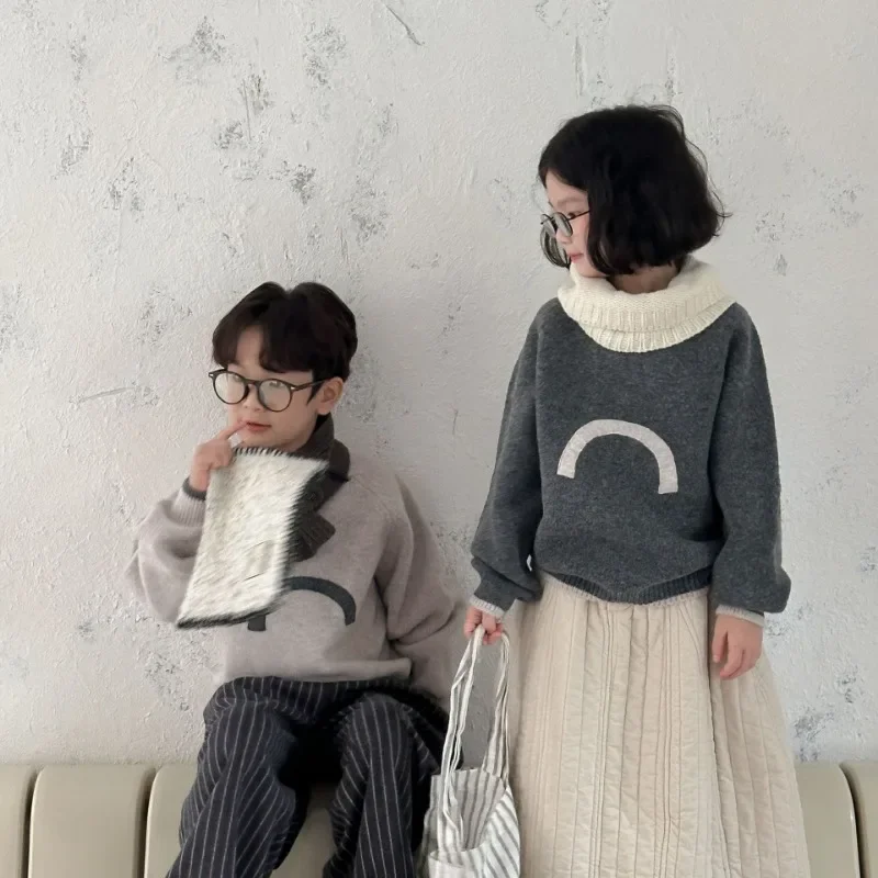 Kids sweater 2024 Winter Boys and girls thicken warm O-Neck knit pullover Unisex Chidlren soft loose knitwear Tops