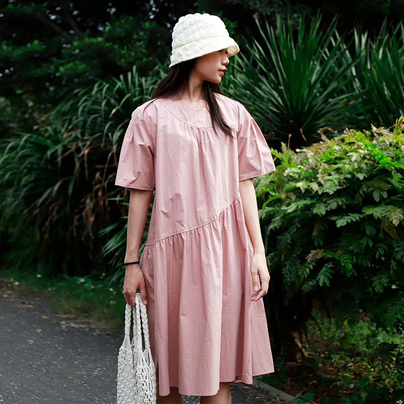 

Summer New Loose A-Line Dr Pure Color ort Sve Splicing Design Cotton Material Comfortable Fit for Commuting