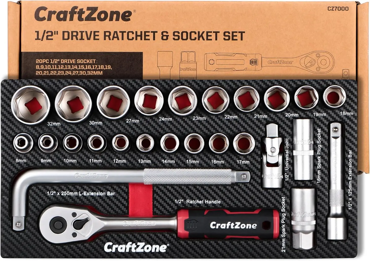 

26-Piece 1/2' Drive Socket Wrench Set with Metric & SAE Sockets, CR-V Steel, Spark Plug Socket, Ratchet Extensions, EVA Tray for
