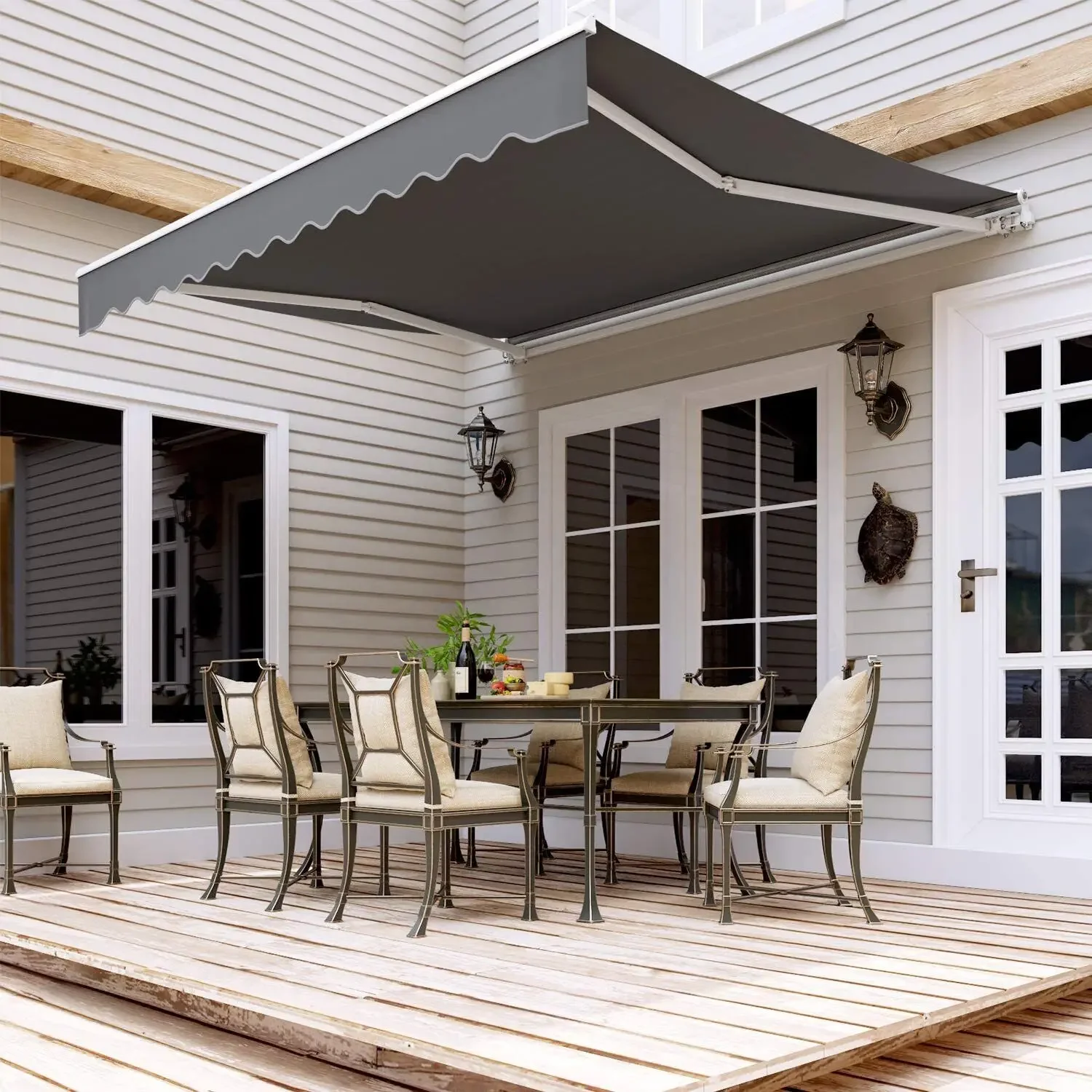 Terrassenmarkise mit Gelenkarm, manuell faltbar, UV50+ Sonnenschutz für Fenster, Tür, Balkon, Sonnenschutz aus Polyester, wasserdicht