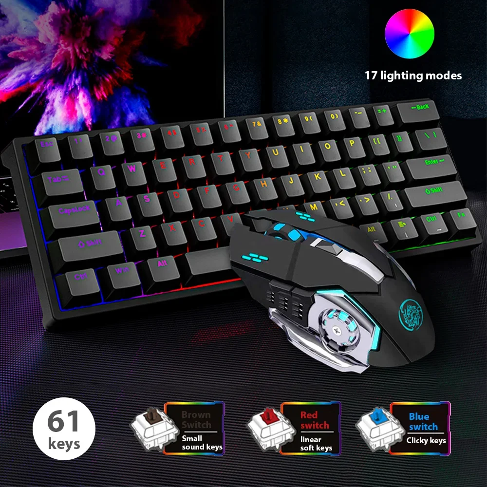Imagem -01 - Conjunto de Teclado com Fio Mecânico 61 Teclas Led sem Fio Usb Mouse para Computador Laptop conjunto de teclado com fio mecanico 61 teclas led sem fio usb mouse para computador laptop 01