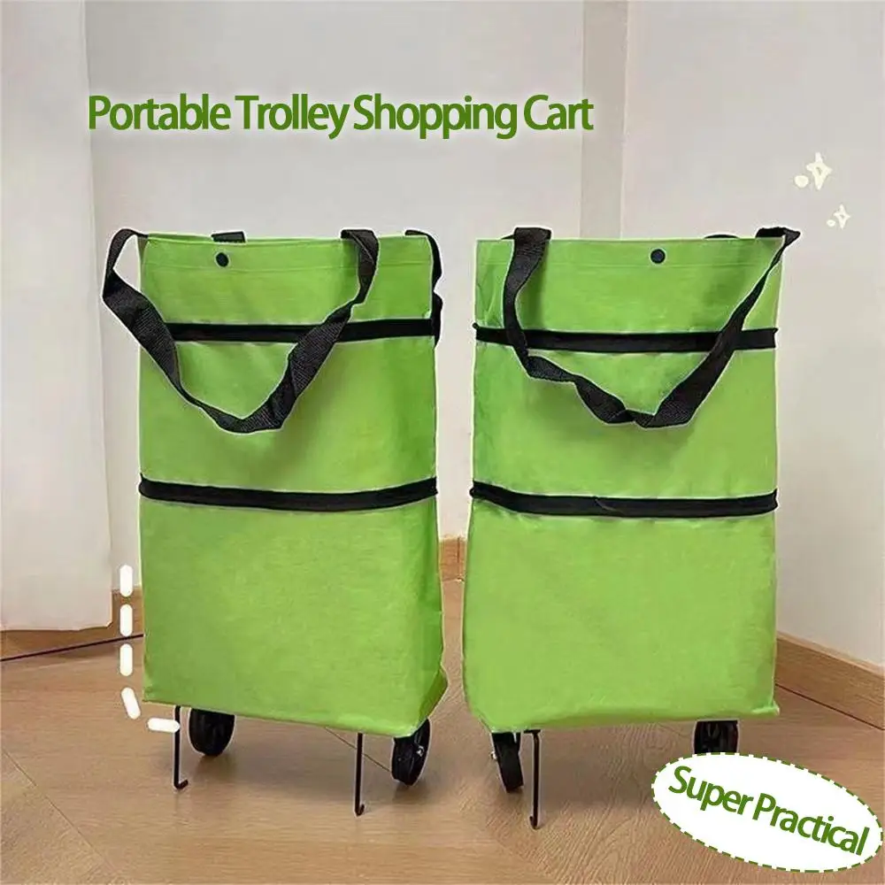 Foldable Shopping Bags With Wheels Portable Roller Tote Grocery Market Cart Caddy Oxford Fabric Reuseable Lightweight Bags Green