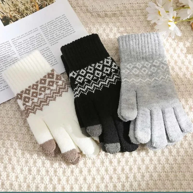 

Winter TouchScreen Gloves Women Men Warm Stretch Knit Mittens Imitation Wool Full Finger Guantes Female Crochet Luvas Thicken