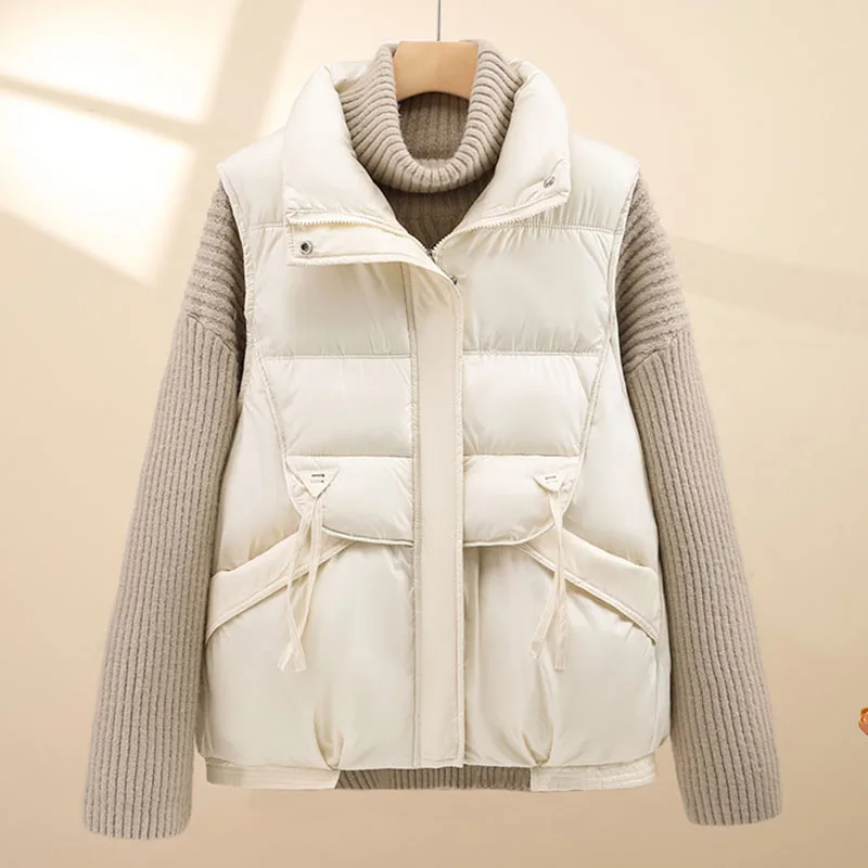 Chaleco holgado de algodón para mujer, chaqueta cálida sin mangas con bolsillos, cuello vuelto, moda coreana, otoño e invierno, 2024