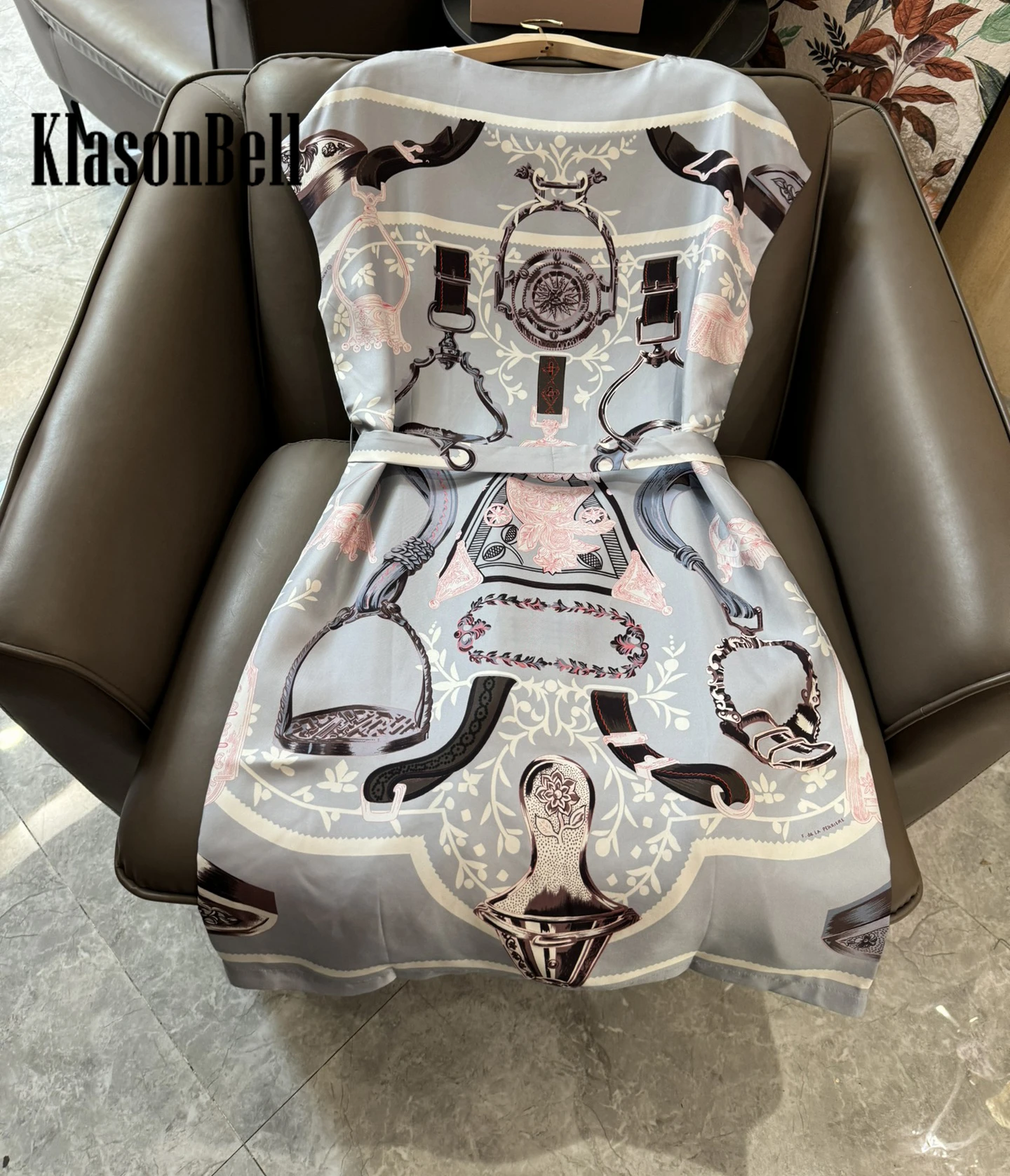 4.18 KlasonBell Elegant Vintage Print 100% Silk Dress 2024 Spring Summer New O-Neck Sashes Collect Waist Midi Dress