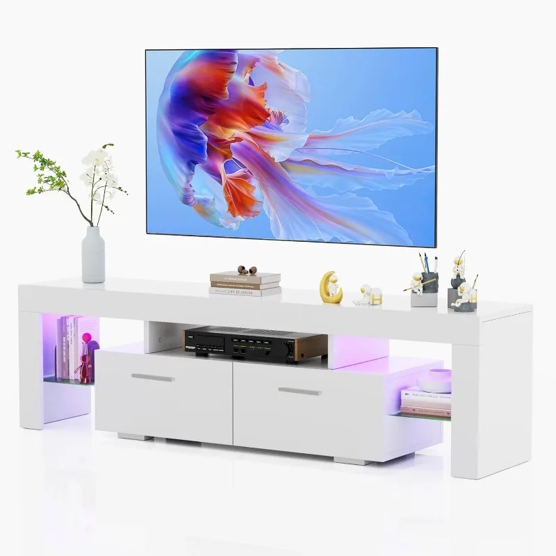 LED TV 스탠드, 50 인치, 55 인치, 60 인치, 65/70 인치 TV, 현대 엔터테인먼트 센터, 보관 서랍 및 유리 선반, TV 콘솔 테이블