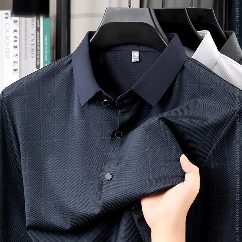 TFETTERS 2026 Men's Mulberry Silk Blend Long Sleeve Plaid Shirt Spring Autumn Smart Casual Soft Anti-wrinkle Daily Dress Shirt