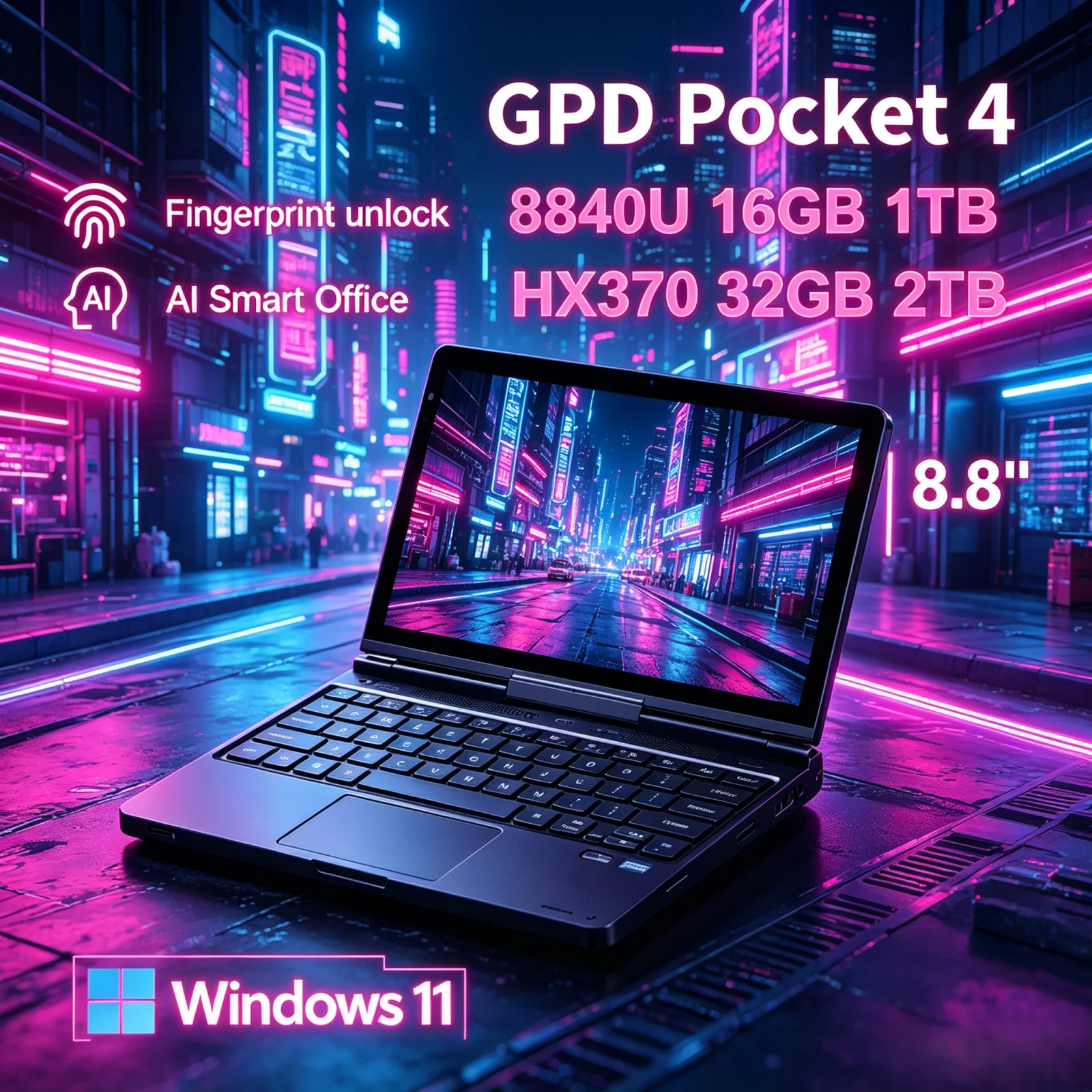 Computadora Portátil 2 en 1 Palm Size GPD Pocket4 2026 de Gama Alta con AMD AI 9 HX 370/8840U, 64 GB, 2 TB NVMe, Pantalla de 8.8 Pulgadas y 144 Hz