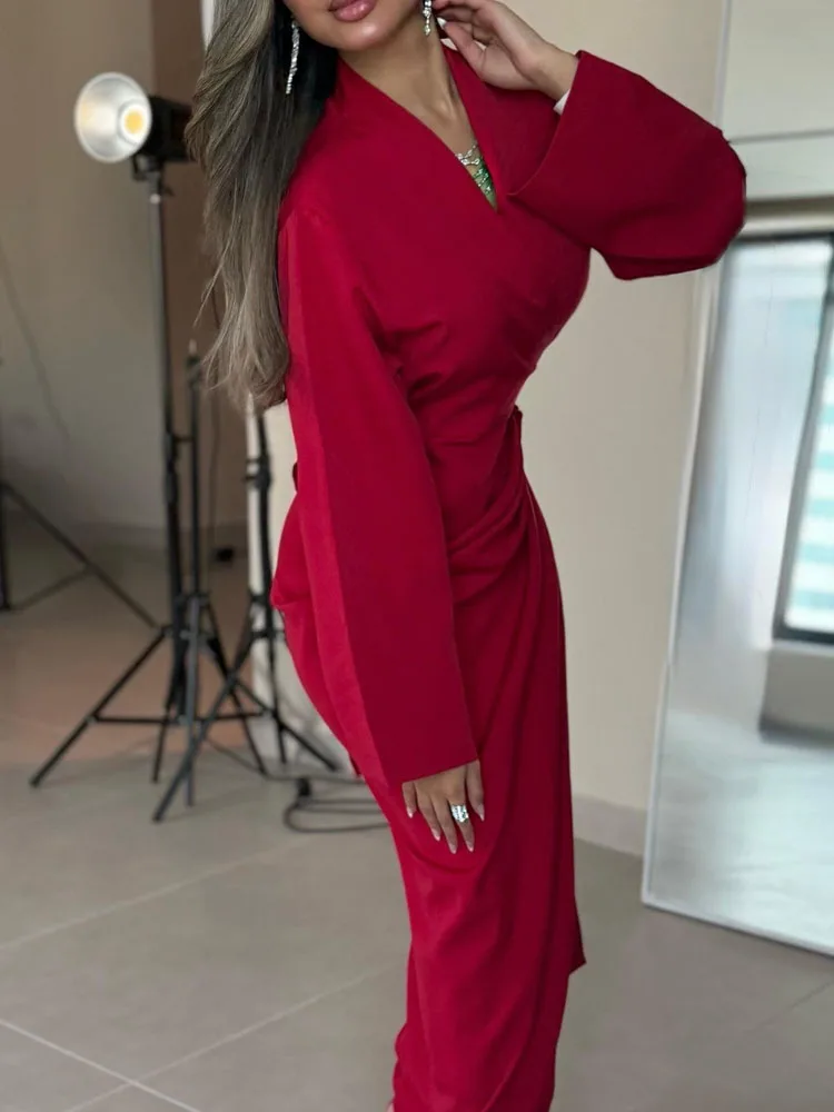 فستان أحمر عالي الخصر مطوي للمكتب على شكل حرف a فستان غير رسمي بقصة ضيقة للحفلات فساتين ماكسي للسيدات برقبة على شكل حرف v وأكمام طويلة للخريف #2