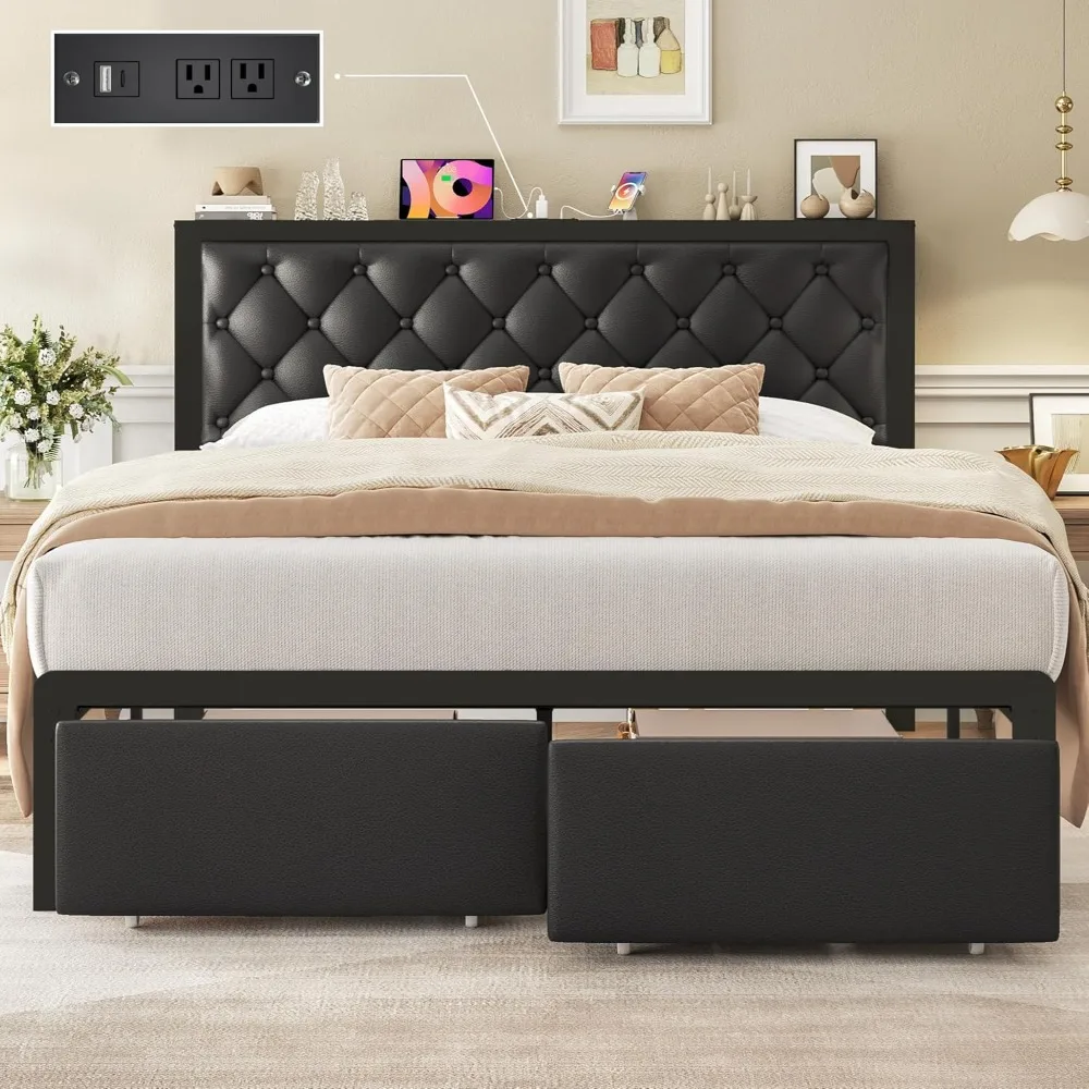 

Queen Bed Frame with 2 Storage Drawers, with Charging Station, Upholstered Headboard Button Tufted Bed Frame