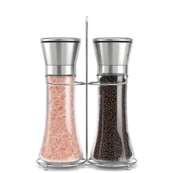 LMETJMA Salt and Pepper Shakers Set With Stand Stainless Steel Salt Pepper Mill Manual Spice Pepper Grinder Mill Set KC0223