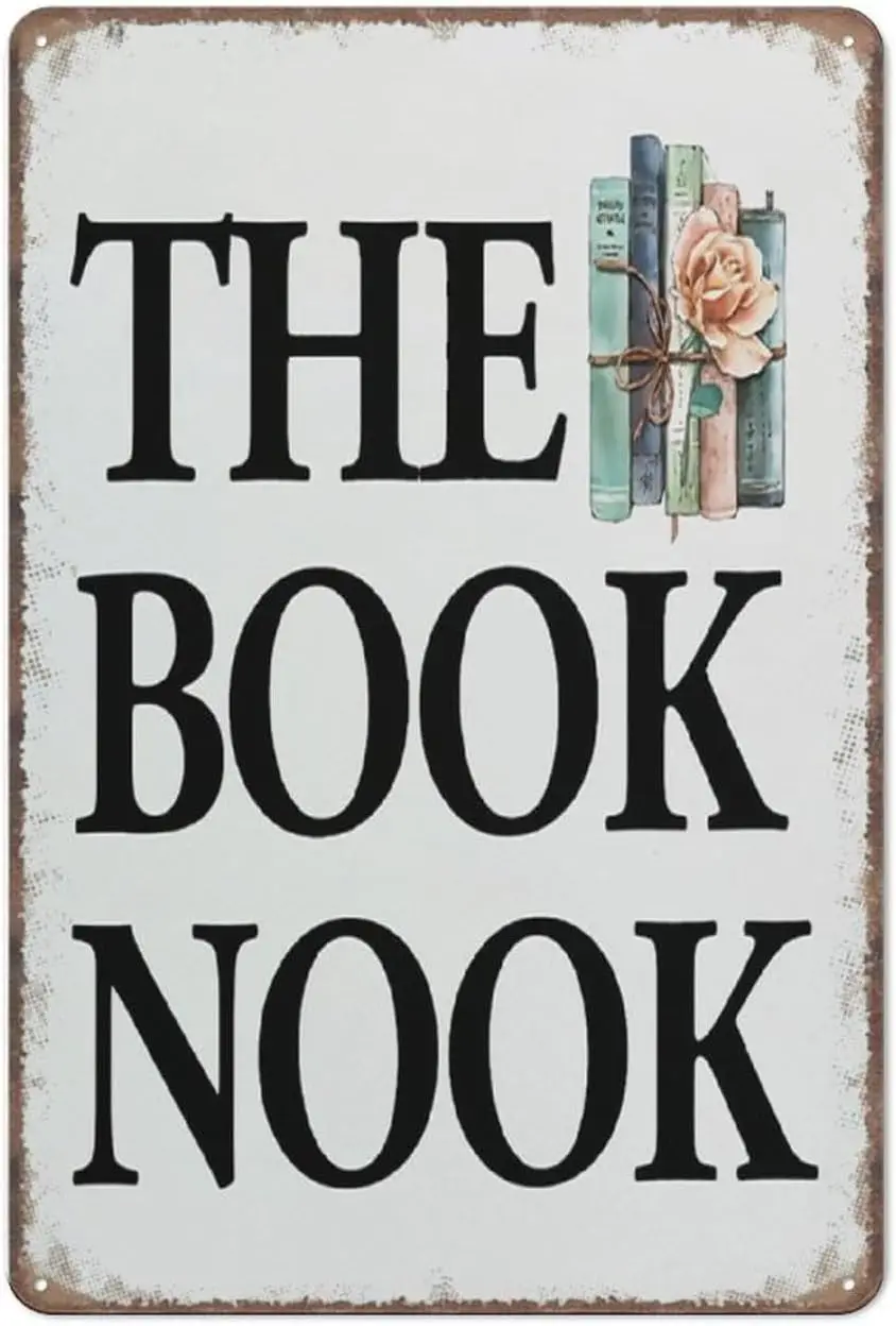 1p,Aikeory The Book Nook Bookshelf Sign Decor,Funny Book Librarian Book Lover Sign Decor Funny Metal Sign Poster Wall Art for Ki